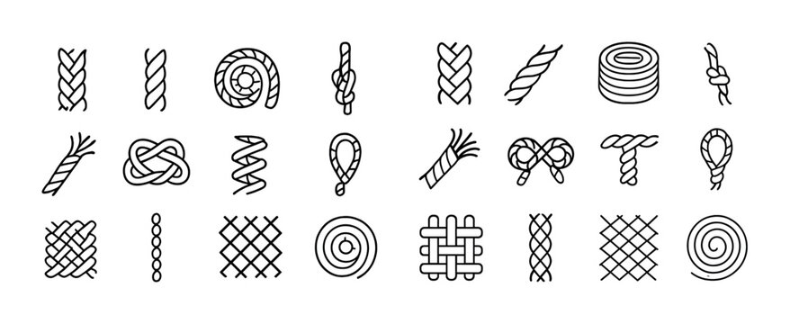 Collection of various rope knots and patterns in linear vector art