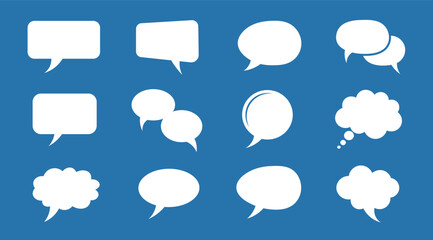 Twelve white speech and thought bubbles on a blue background speech bubble chat