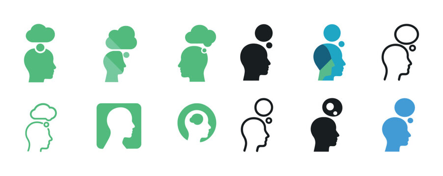 Mind and thought icons with diverse silhouette designs and colors