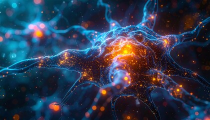 Glowing neuron cell with intricate network, highlighting nerve impulses.  Abstract, scientific illustration