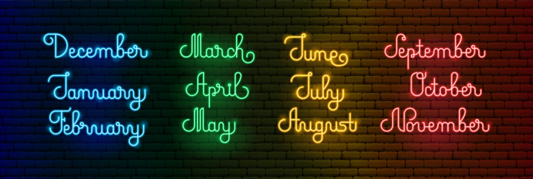 Neon Months Text Lettering. Vector Illustration of Glowing Led Lamp Seasons. Seasonal Words. Winter, Spring, Summer, Fall.