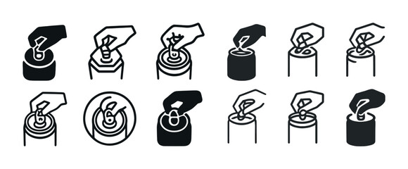 Hand opening beverage cans: step-by-step icon set