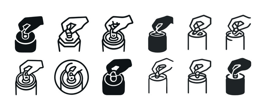 Hand opening beverage cans: step-by-step icon set