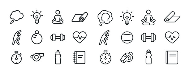 Fitness and wellness icons: meditation, exercise, yoga, health, mindfulness