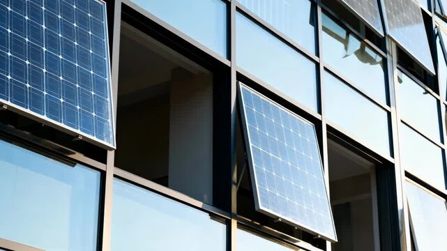 Medium shot of transparent solar panels installed on modern building windows showcasing clear energygenerating surfaces that allow natural light to pass through efficiently