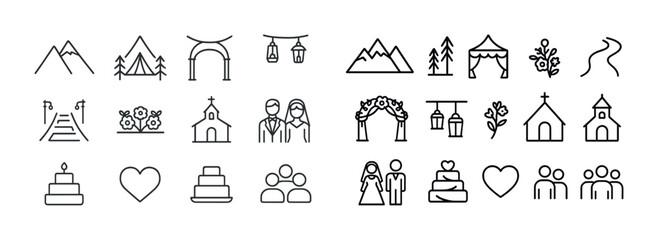 Minimalist wedding and outdoor icons: church, cake, mountains, couples, lanterns
