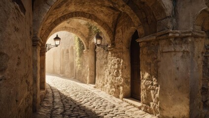 A sunlit, aged stone archway opens onto a cobblestone street in a European-style town