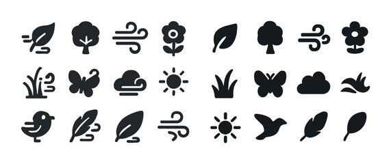 Naklejka premium Black and white nature icons set: plants, weather, animals, trees, leaves