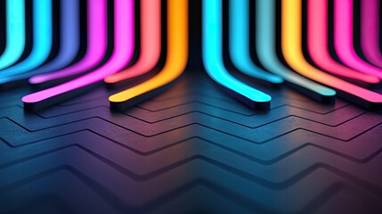 Abstract scene with multiple colorful neon light tubes curving downwards and reflecting on a dark, textured surface with a zigzag pattern. The lighting is vibra