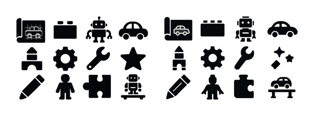 Set of playful toy and tool icons in black and white design