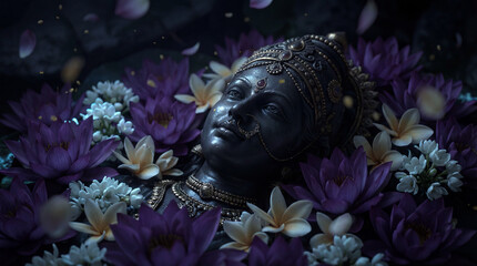 Mystical statue head of a deity surrounded by vibrant purple and white lotus flowers in a serene setting
