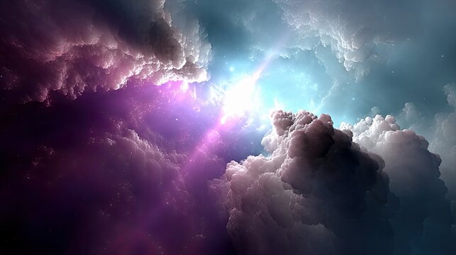 A surreal and ethereal scene depicting swirling cosmic clouds in vibrant purple and blue hues, illuminated by a bright, radiant light source that creates a nebu