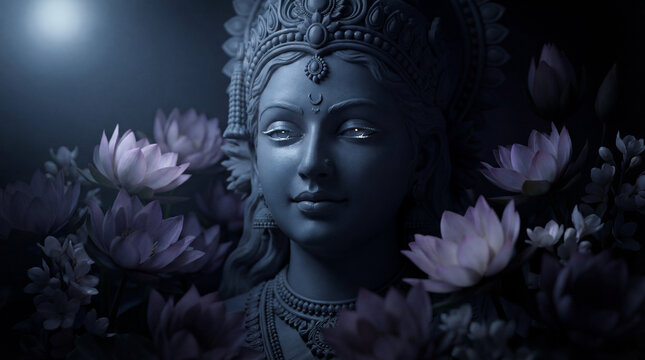 Ancient goddess statue with lotus blossoms in a dark, ethereal setting, spiritual and contemplative art - Powered by Adobe