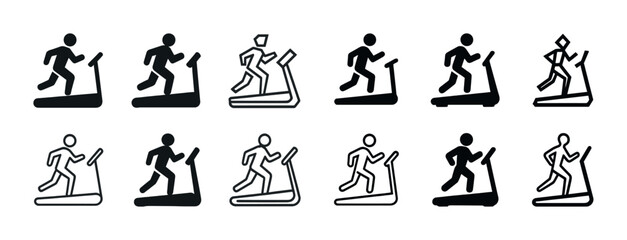 Icon set of stylized figures running on treadmills