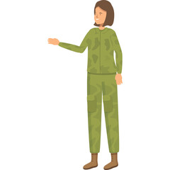Full Body Pixel Art Illustration Of A Woman In A Green Camouflage Military Uniform With Boots Offering A Hand In A Welcoming Gesture Against A Clean White Background