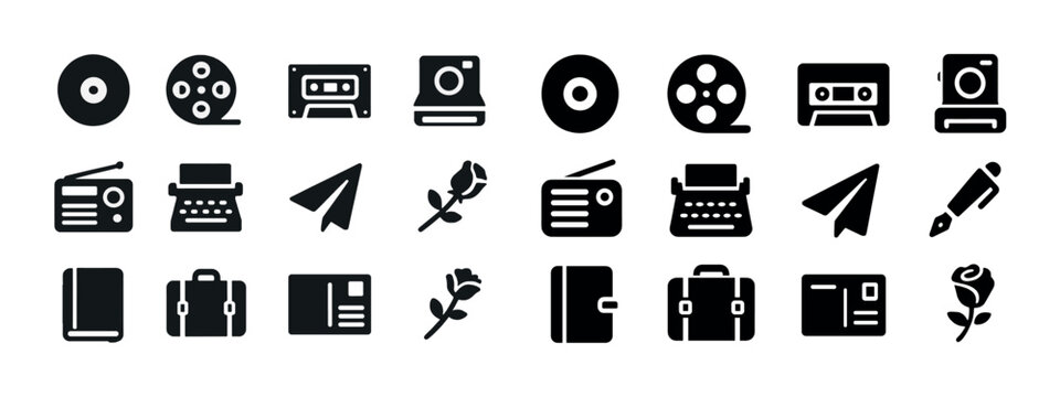 Vintage and modern media icons: camera, cassette, radio, typewriter, rose