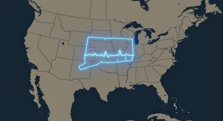 Glowing outline of a state within the US, with an ECG trace superimposed
