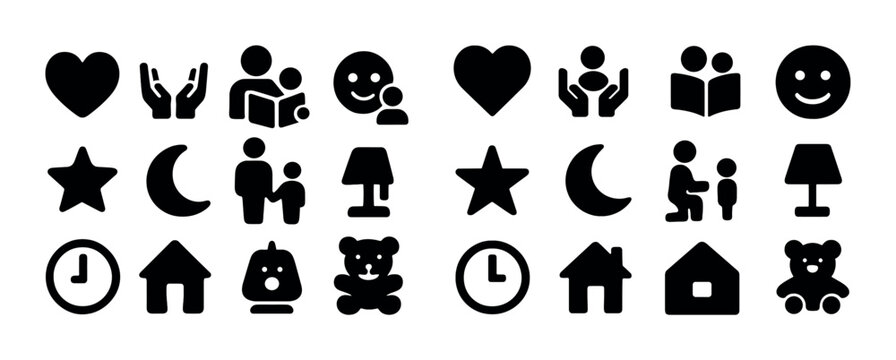 Assorted black icons: family, hearts, stars, moons, clocks, and teddy bears