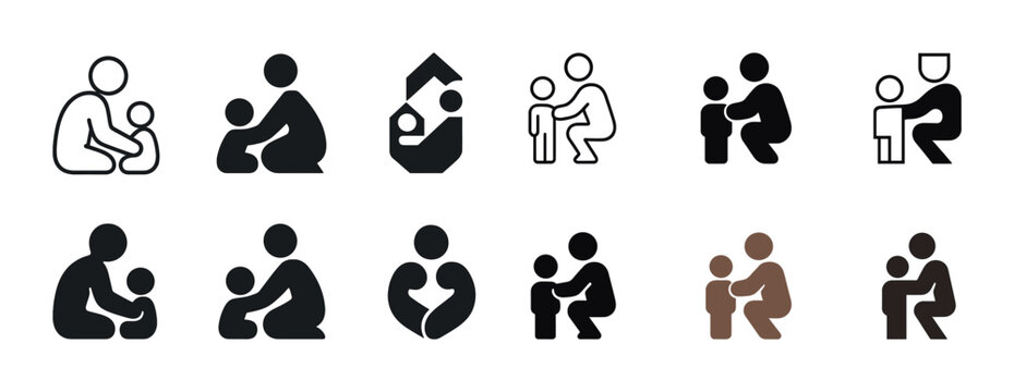 Parent-child icons: symbolic family bonds and relationships in various styles