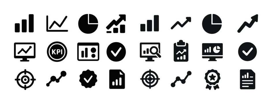 Set of business analytics and growth icons in black and white
