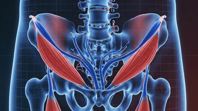 Detailed 3D Animation of Human Pelvis Musculature Demonstrating Psoas Major and Iliacus Muscles in Vibrant Red and Blue Against a Dark Grid Background
