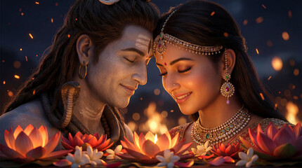 Lord shiva and goddess parvati in a loving embrace surrounded by glowing lotus flowers and divine light