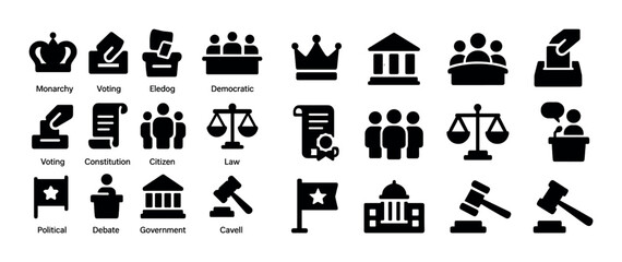 Set of political and government icons: voting, law, monarchy, and debate symbols