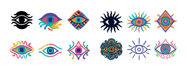 Colorful eye symbols: abstract designs with vibrant patterns and shapes