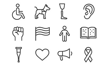 Disability Awareness Icons. Disability awareness icons. Line outline icon set of disability awareness icons: