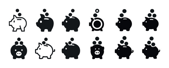 Set of piggy bank icons with coin deposits in various styles
