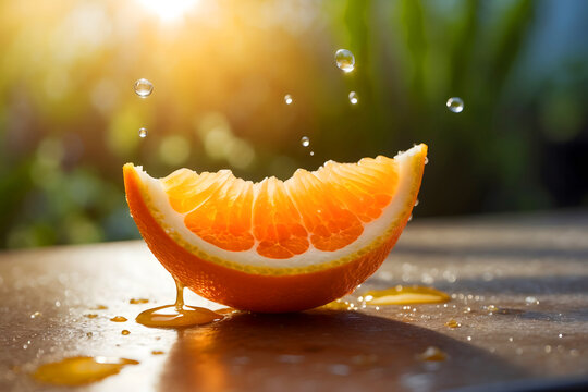 Fresh Orange Slice with Juice Droplets in Natural Sunlight