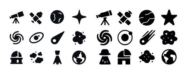 Assorted astronomy icons collection: telescope, planet, star, galaxy, rocket
