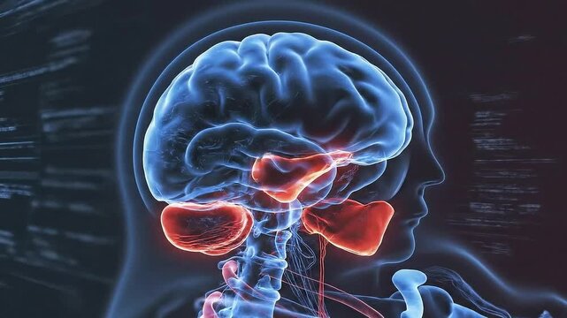 Detailed 3D Medical Animation Depicting the Human Brain and Throat Anatomy Glowing with Red and Blue Light on a Dark Gradient Background