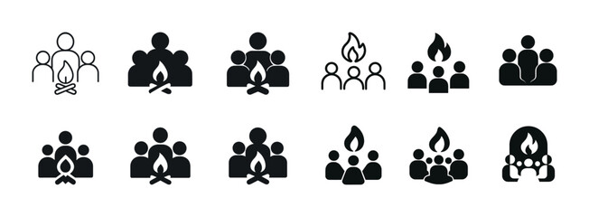 Campfire gathering icons: group activities, bonfire, camp meeting symbols for outdoor enthusiasts