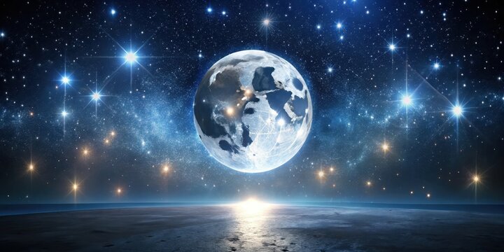 A celestial sphere illuminated, hanging in a vast, starlit expanse above a tranquil, planetary horizon