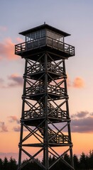 Majestic wooden observation tower silhouetted against a vibrant colorful sunset sky at dusk over natural landscape
