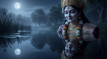 Goddess emerging from tranquil water under a full moon at night, with a serene expression and reflection