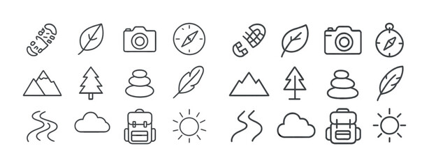 Outdoor adventure icons collection with nature and hiking elements
