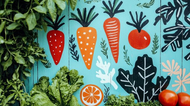 A vibrant mural featuring stylized carrots, strawberries, tomatoes, and an orange slice painted on a blue wooden background, with fresh green lettuce and tomato