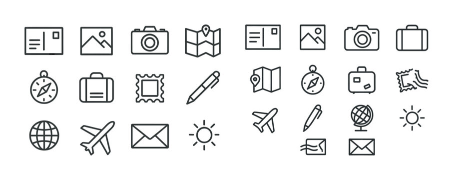 Travel icons set: camera, map, compass, airplane, globe