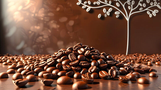 Fresh Coffee Beans on Wooden Surface with Artistic Coffee Tree Background