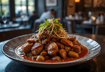 bandeja paisa. Appetizing asian-inspired chicken and mushroom dish in a vibrant red sauce, topped with fresh noodles and herbs