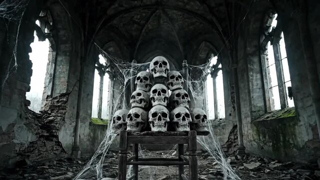 Gothic architecture with skull stack decoration in decayed interior