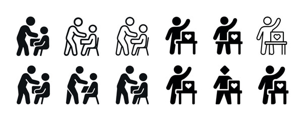 Black and white icons of people voting and assisting others at polling booths
