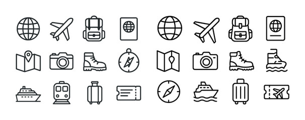 Travel icons collection: global transportation and adventure symbols