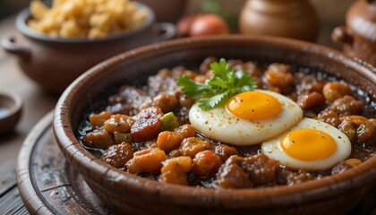 bandeja paisa. Hearty homemade stew with two perfectly cooked sunny-side-up eggs and fresh parsley garnish in a rustic ceramic bowl