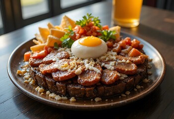 bandeja paisa. Hearty breakfast plate featuring chorizo slices, a perfectly cooked egg yolk, crispy tortilla chips, and fresh garnish.