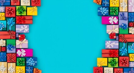 A variety of colorful gift boxes with ribbons arranged on the left and right sides against a bright blue background.