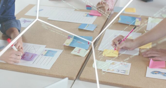 Team writing sticky notes, organizing and aligning cards for planning, overlay appearing over table - Powered by Adobe