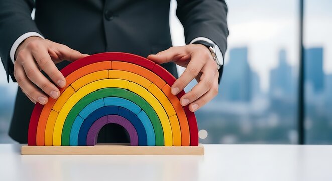 Professional builds vibrant rainbow with blocks representing diversity and inclusion, fostering positive and supportive work environments for success